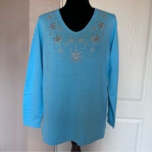 NWT Quacker Factory Sky‎ Blue Silver Embellished V Neckline Sweater Size Small